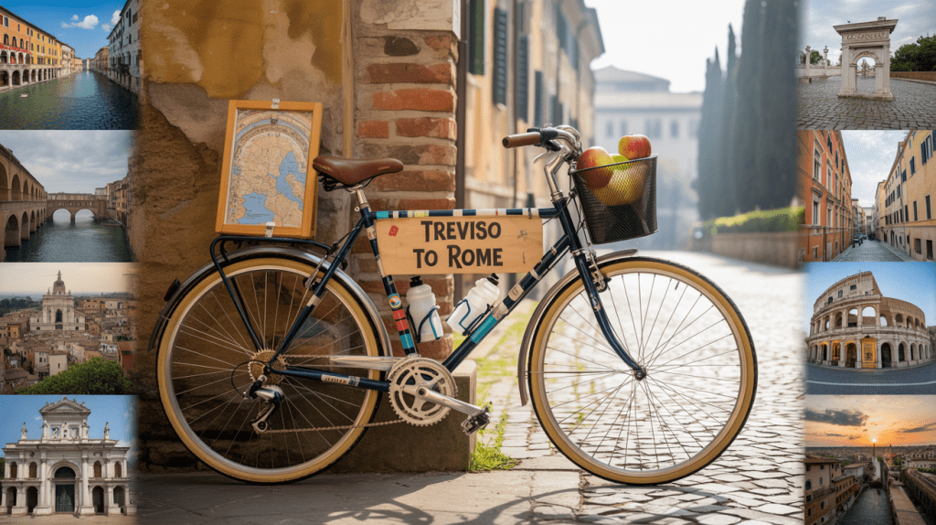 immagine con bici da viaggio appoggiata su spigolo di un muro con vista sullo sfondo di una via di un vecchio paese. nella canna della bici un cartello: treviso to Rome.